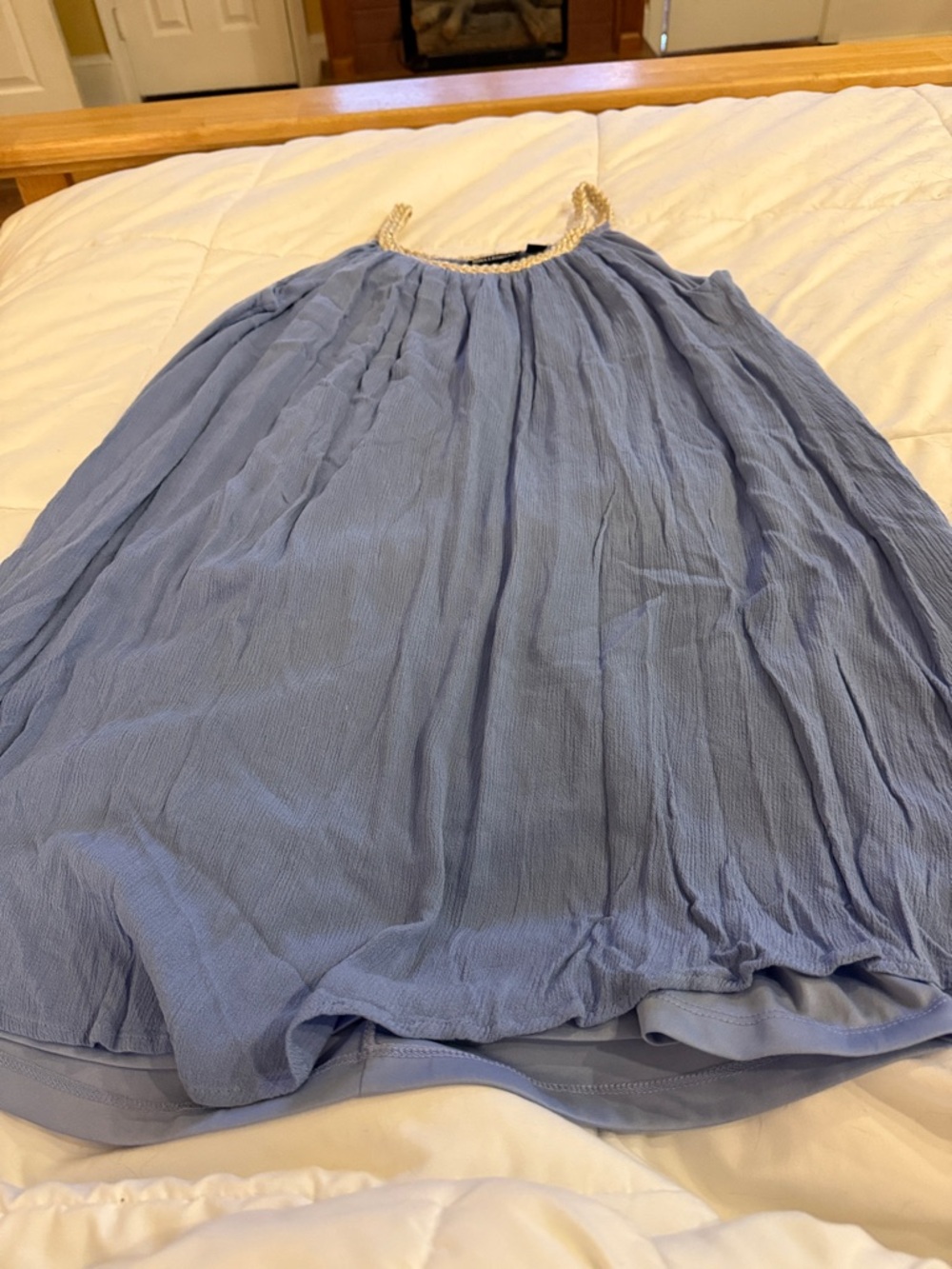 Nina Leonard Pale Blue Pleated Dress with Gold Roping at neckline